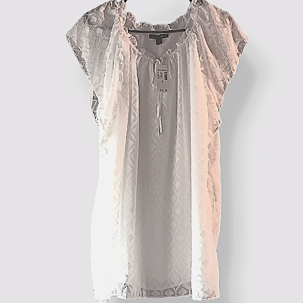 Roz & Ali Women's Plus size white tunic, 2x, Semi sheer lined, cap sleeves, NWT